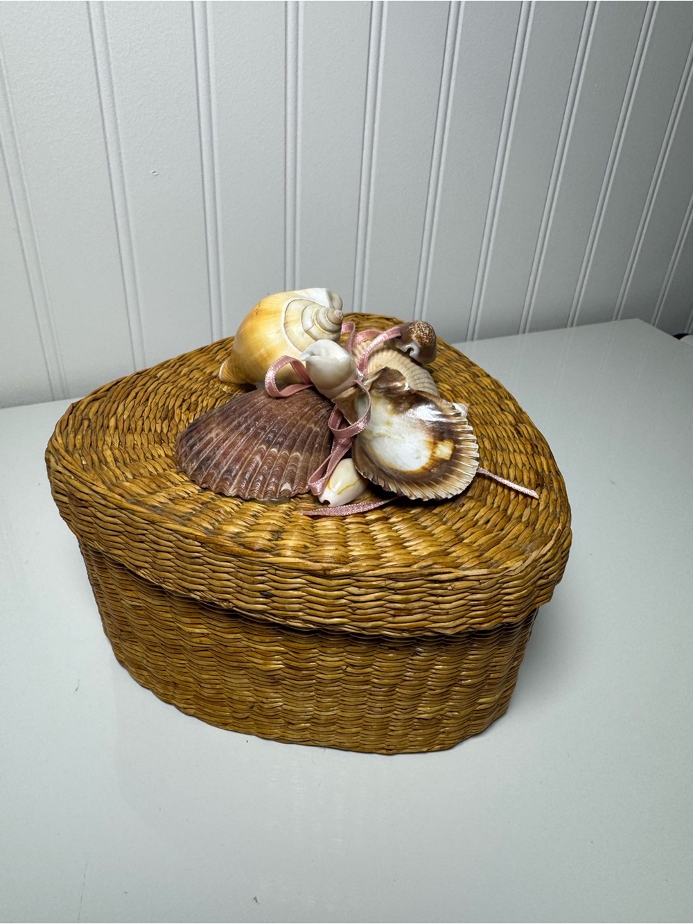 Woven Triangular Shaped Trinket Box with Decorative Seashells